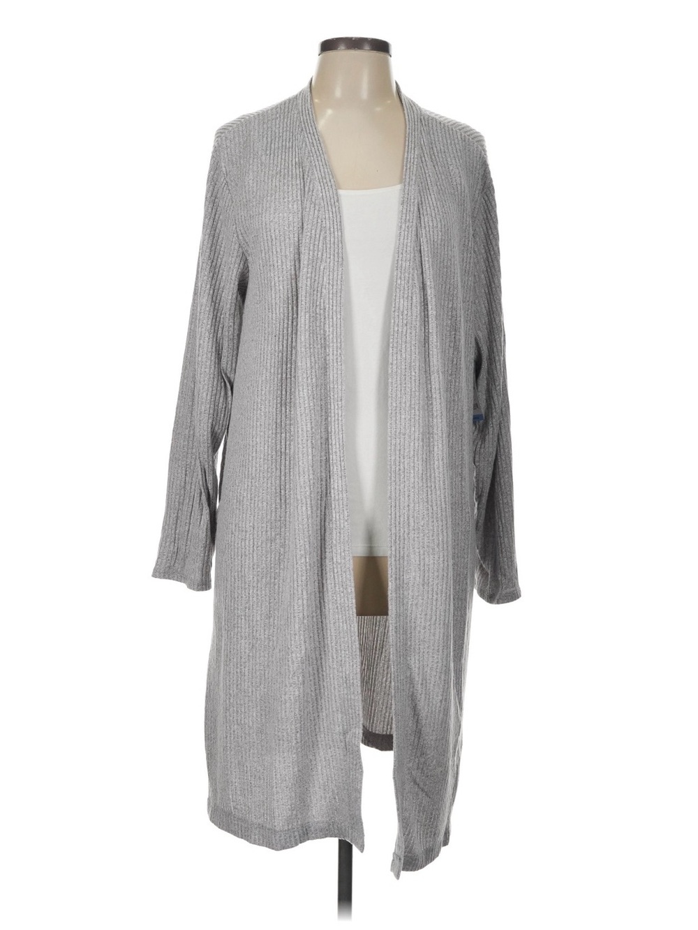 Cuddl Duds Light Gray Ribbed Open-Front Long Cardigan